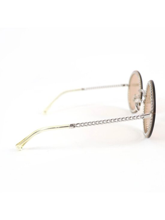 Chanel CC Logo Round Sunglasses with Chain Silver Clear Brown Case Necklace